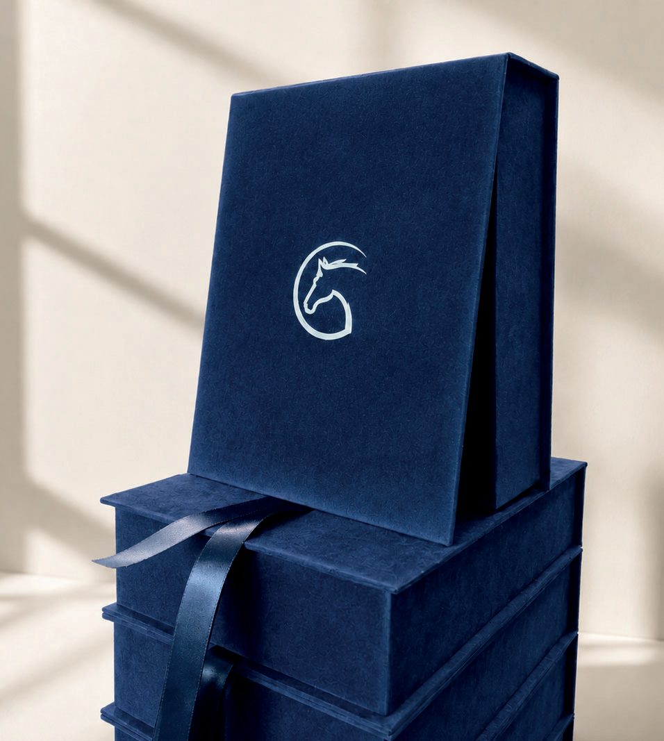 Granatowe welurowe pudełka premium z tłoczonym logo i wstążką